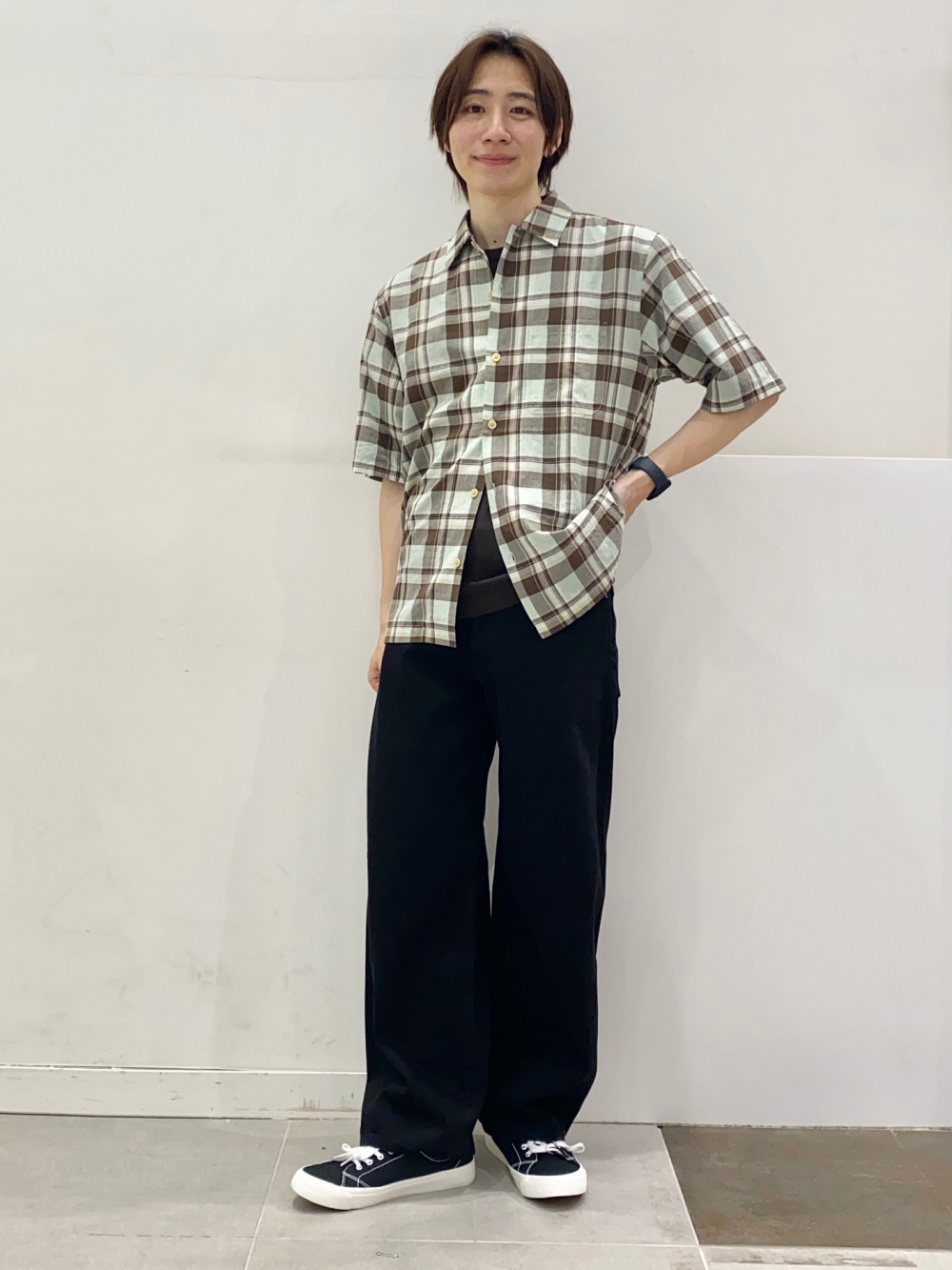 コットンチェックシャツ　パンツ コットンチェックシャツ、タックワイドパンツ(丈標準70.0～74.0cm)」の