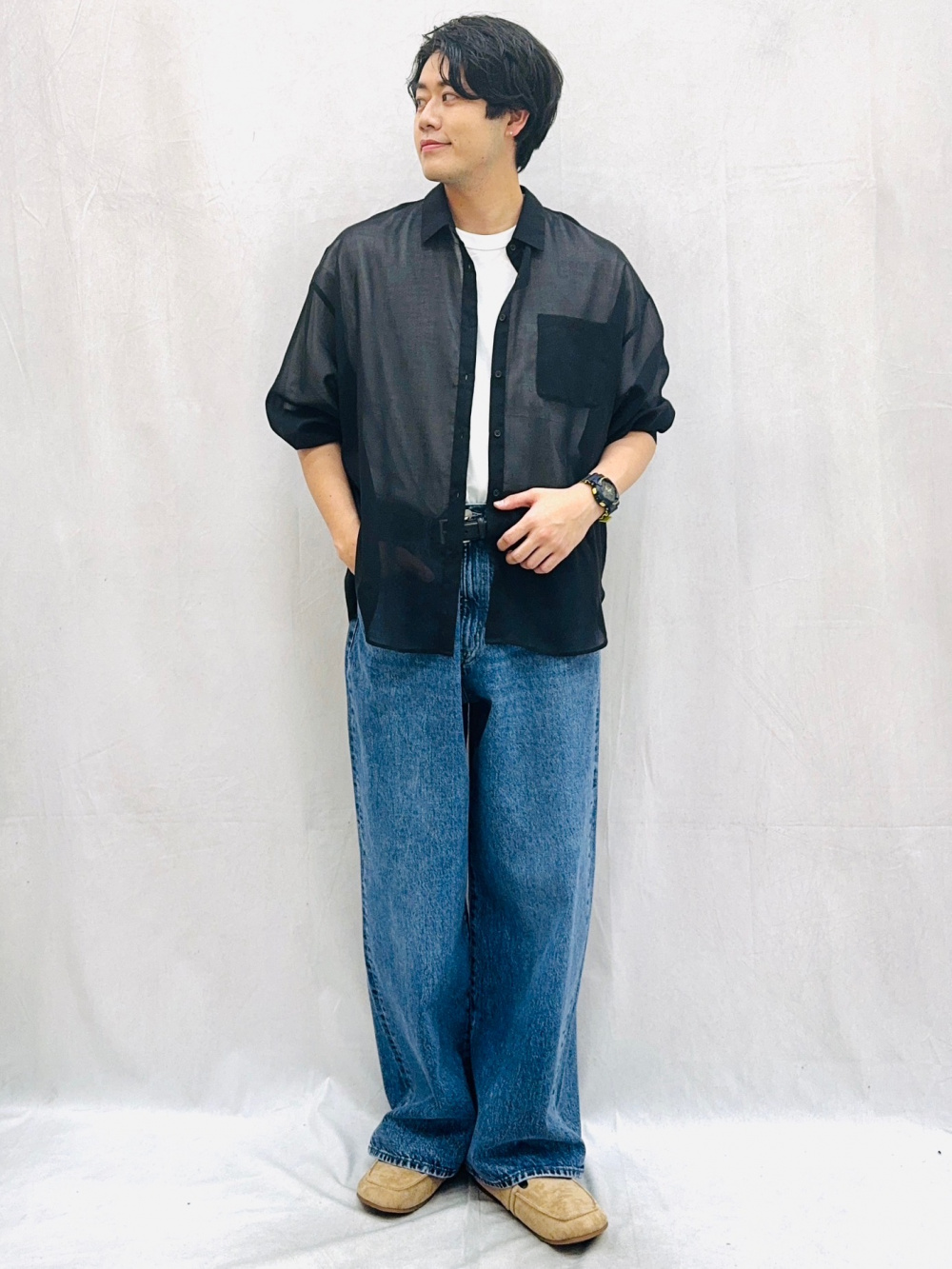 Super Wide Jeans/NTQ、Lacy Stitch Knitted Shirt/Halfslv」| GU的穿