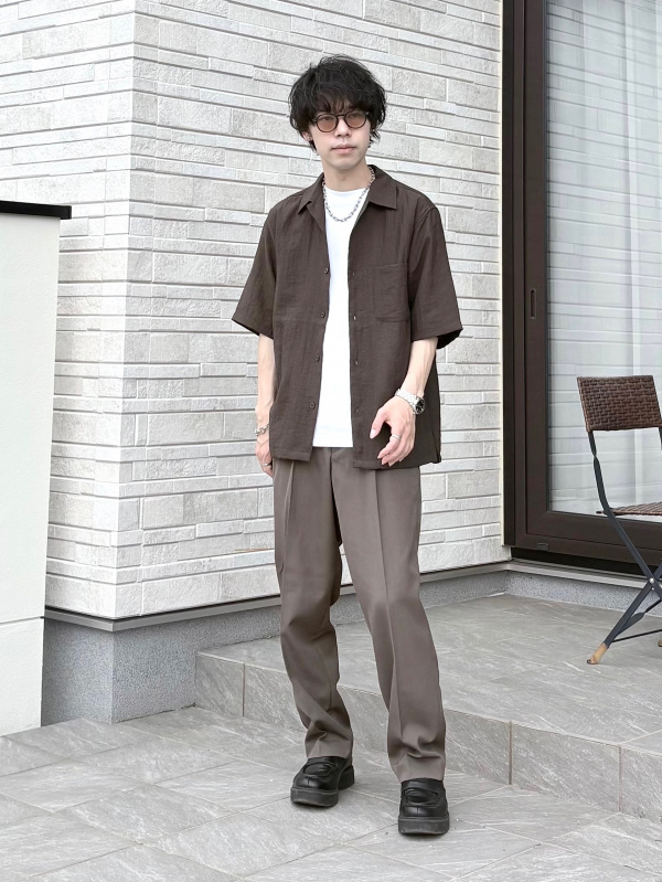 STUDIOUS ジオメトリックオープンカラーシャツ ウォッシュドワッフルボクシーT(5分袖)(オーバーサイズ)、オープン