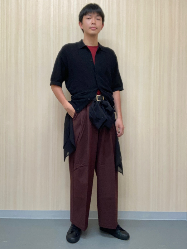 Lacy Stitch Knitted Shirt/Halfslv、Pleated Wide Pants/MN」的穿搭