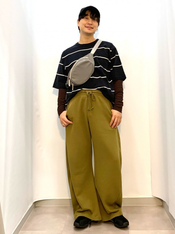 コットンボクシーT(5分袖)(ボーダー)PF、ツイルバギークロップドパンツ