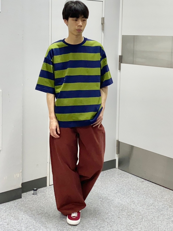 コットンボクシーT(5分袖)(ボーダー)PF、ツイルバギークロップドパンツ