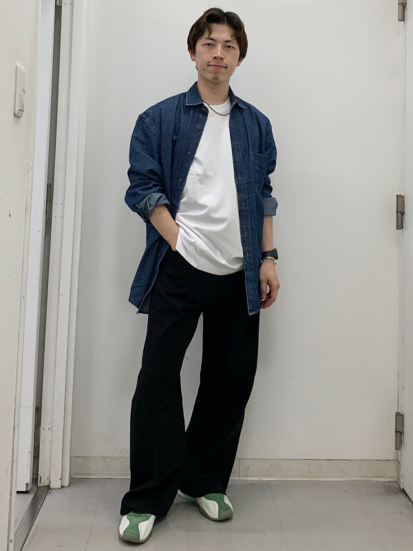 コットンボクシーT(5分袖)(ボーダー)PF、ツイルバギークロップドパンツ