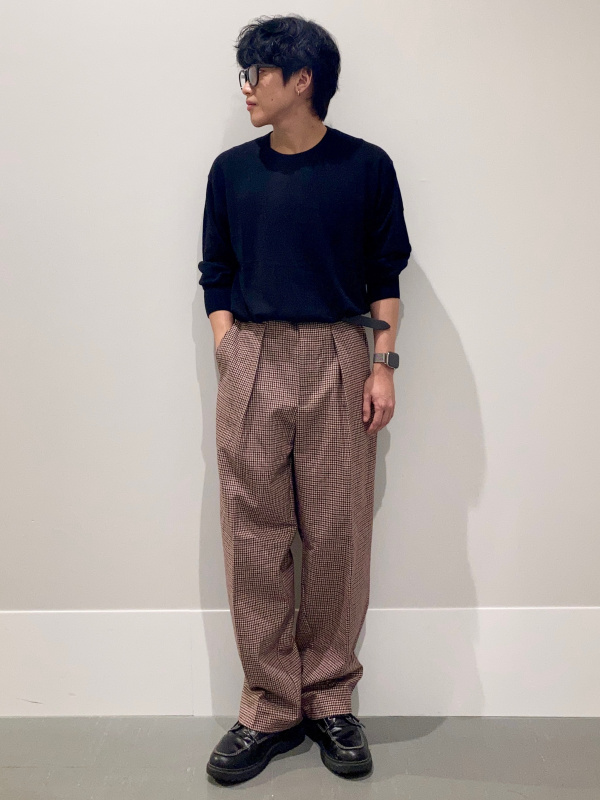 An outfit using Fine Gauge Knit Crew Neck Sweater | MN and Checked