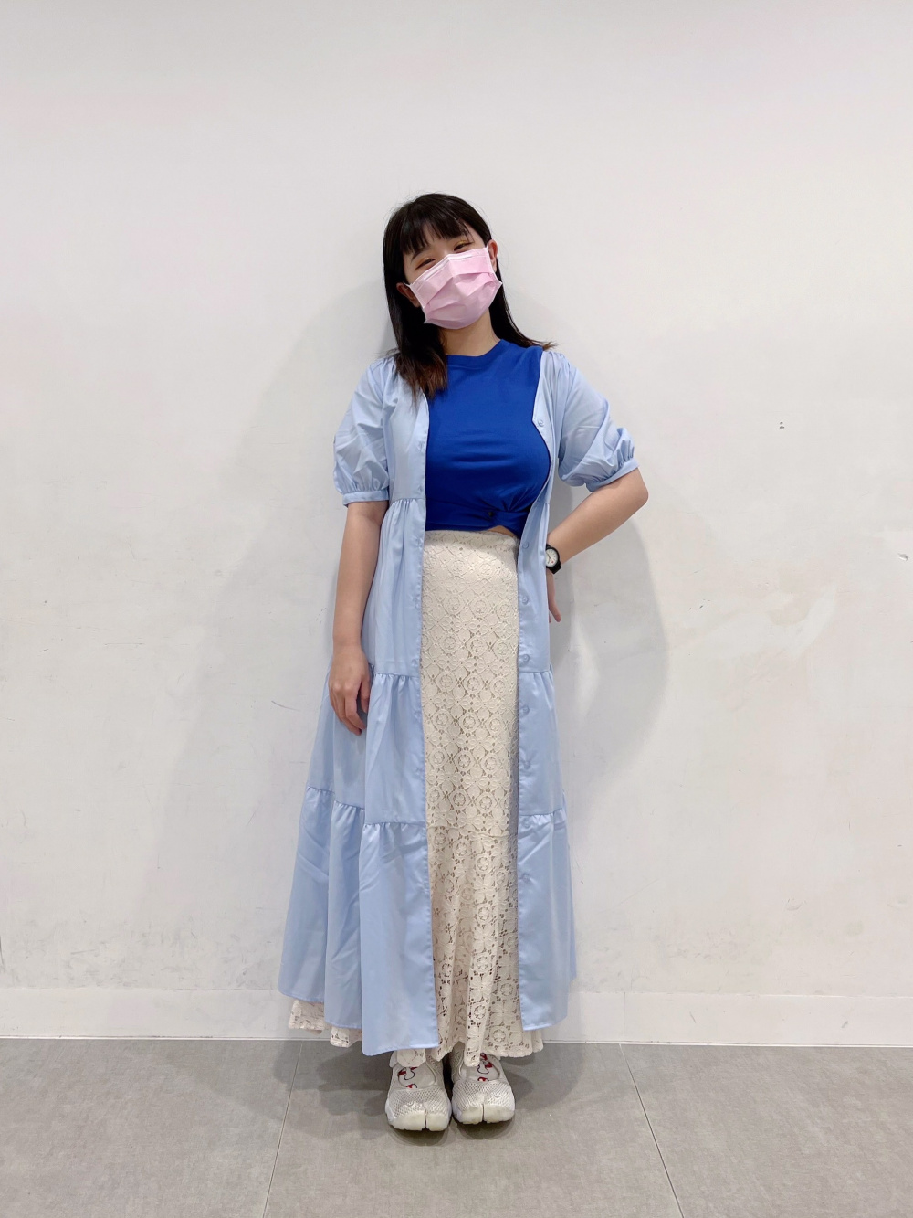 ワッフルヘンリーネックミニT(半袖)(丈43.5cm～50cm)、Vネック