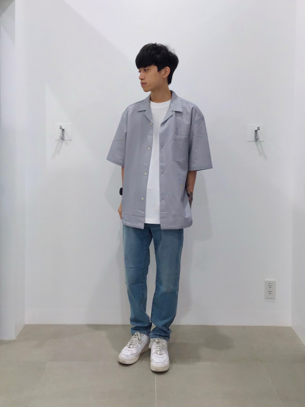 シアサッカーオープンカラーシャツ(5分袖)(セットアップ可能)（メンズ