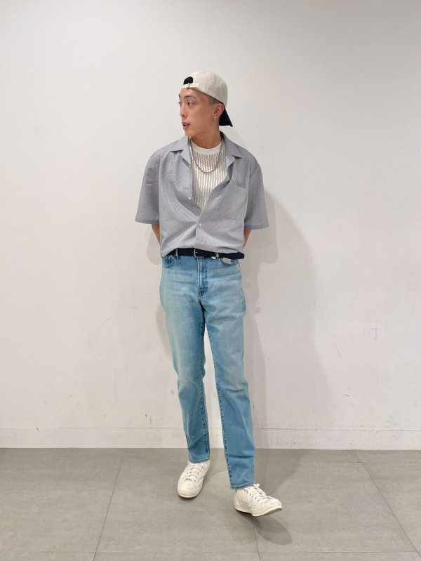 シアサッカーオープンカラーシャツ(5分袖)(セットアップ可能)（メンズ