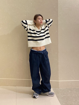 GU公式 | パフィータッチスキッパーポロセーター(長袖)(ボーダー)