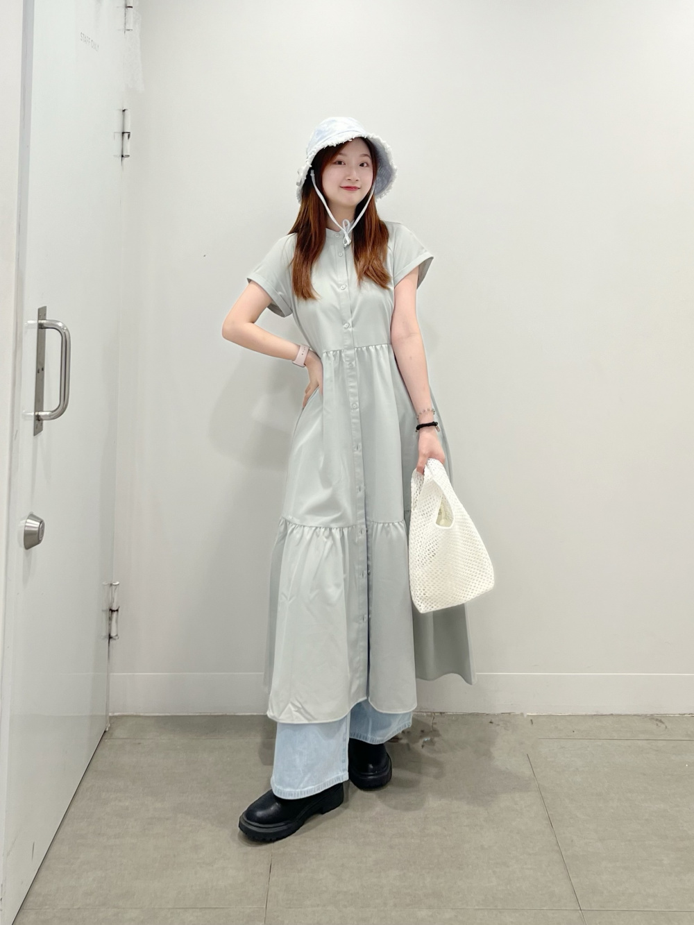 バンドカラーシャツワンピース(半袖)+E、プリーツロングスカート