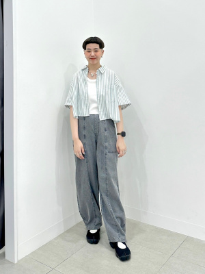 イノジョウさん専用 GU公式 | リネンブレンドクロップドシャツ(半袖)(ストライプ)
