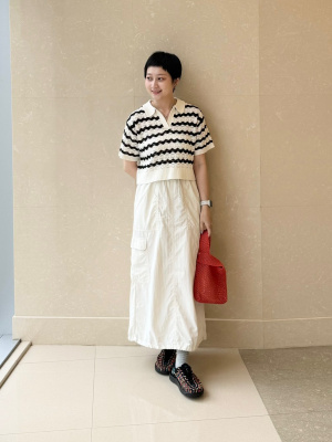 はるか品 GU公式 | 透かし編みスキッパーポロセーター(半袖)(ボーダー)