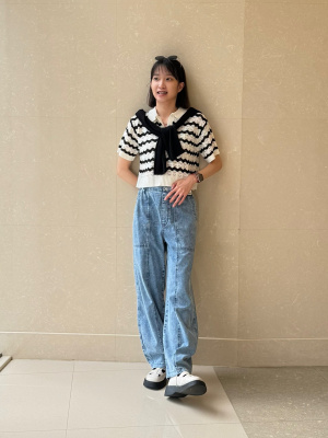 GU公式 | 透かし編みスキッパーポロセーター(半袖)(ボーダー)