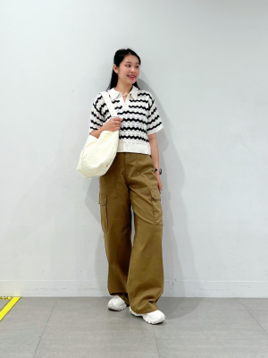 GU公式 | 透かし編みスキッパーポロセーター(半袖)(ボーダー)