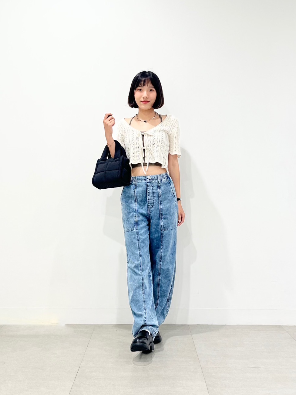 ニットクロップドタンクトップ(ボーダー)+E、コクーンジョガープルオン