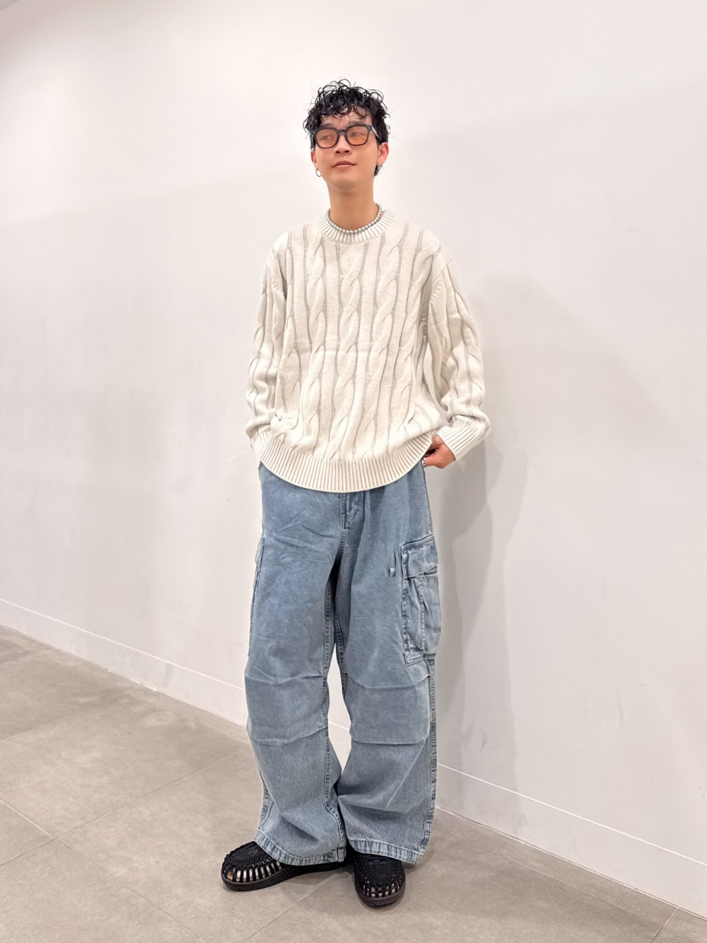 ブラッシーニットスキッパーポロシャツ、バレルレッグスラックス