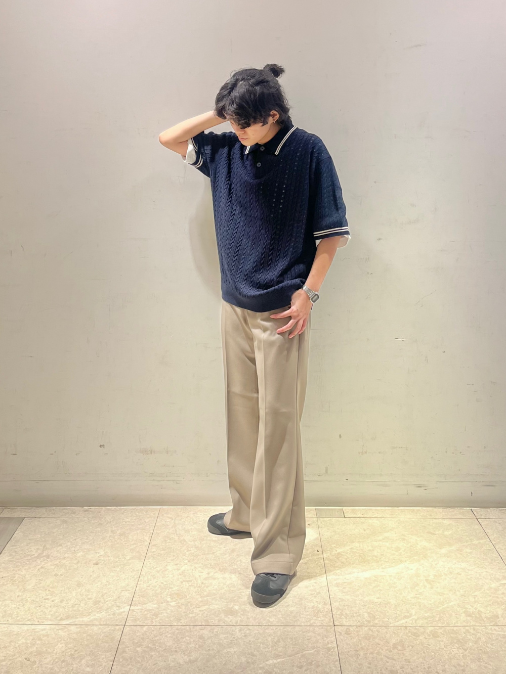 ウォッシャブルケーブルニットポロシャツ(5分袖)、フレアスラックス(丈