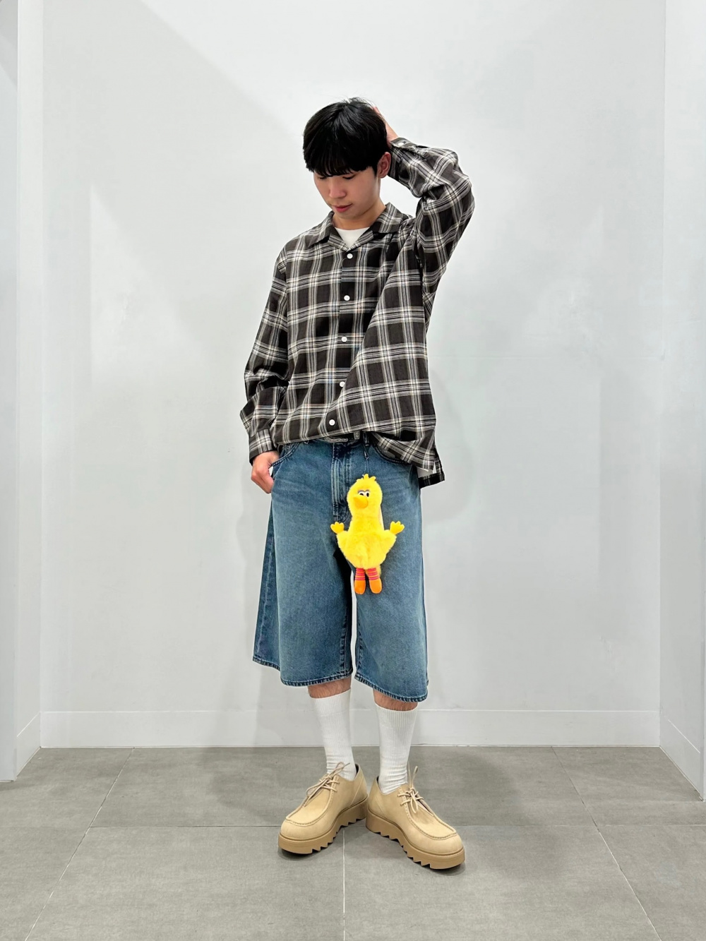 テクスチャーオープンカラーチェックシャツ」の着用コーディネート