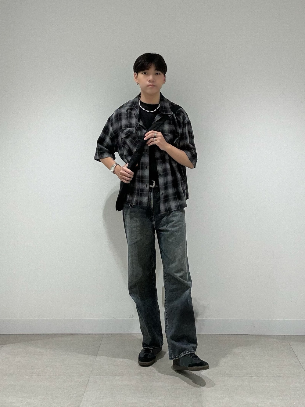 テクスチャーオープンカラーチェックシャツ、テクスチャーシャツ(5分袖