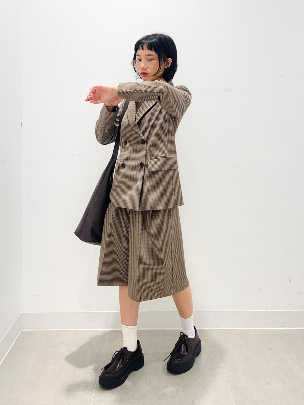 ダブルブレストチェックジャケット、バミューダチェックショートパンツ