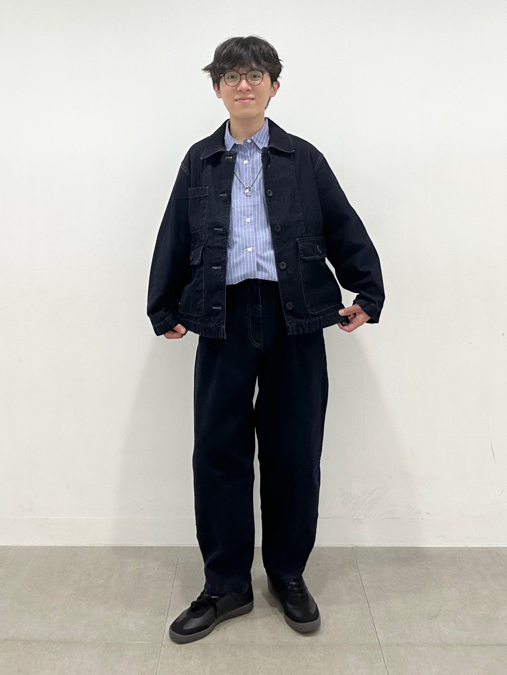 ユニセックス セットアップ パッチワーク ジャケット キャロットフィット パンツ デニムワークジャケット、デニムキャロットパンツ(丈標準69.5～73.5cm