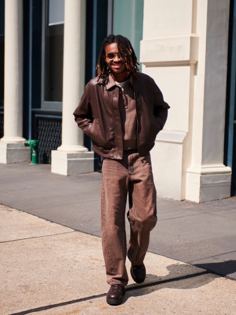 An outfit using Faux Leather Jacket and Corduroy Baggy Pants｜GU US