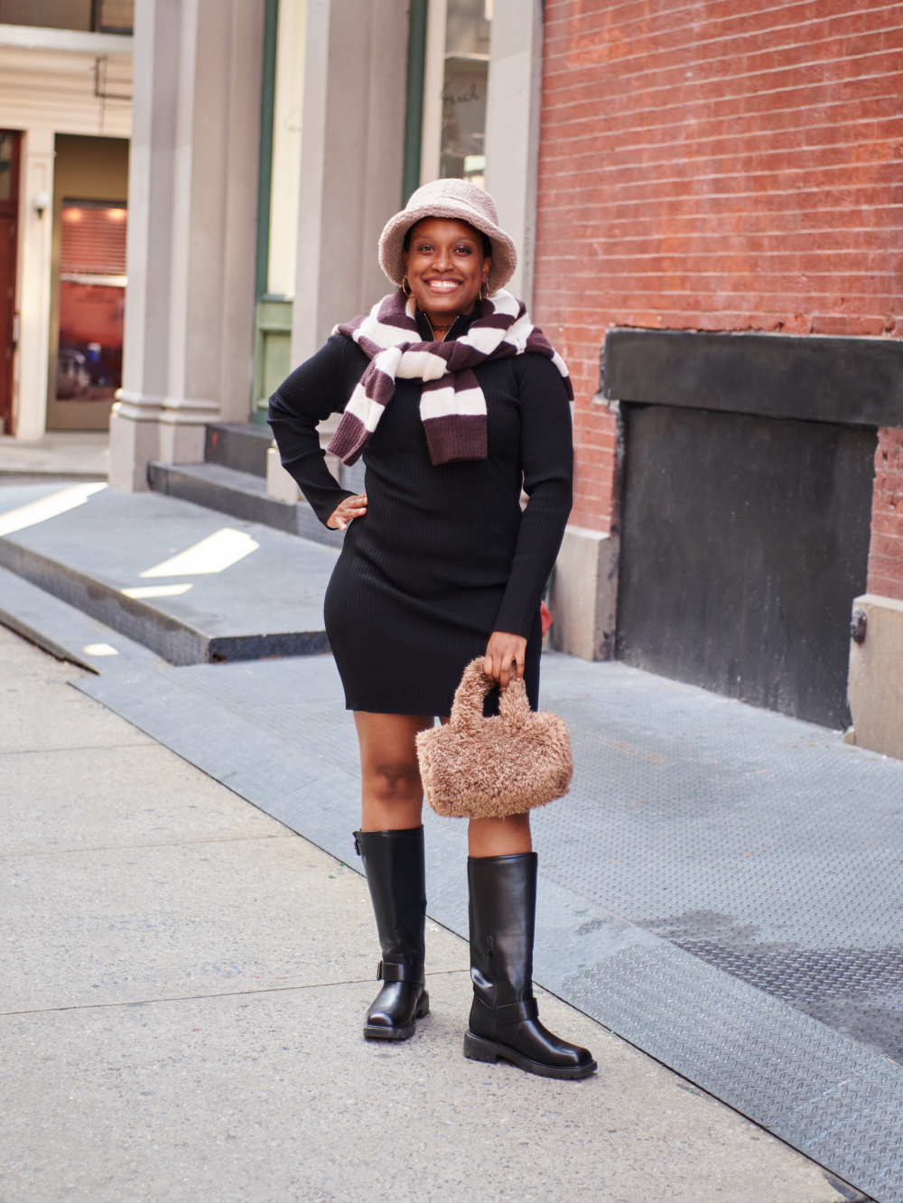 Check styling ideas for「Puffy Touch Skipper Striped Sweater
