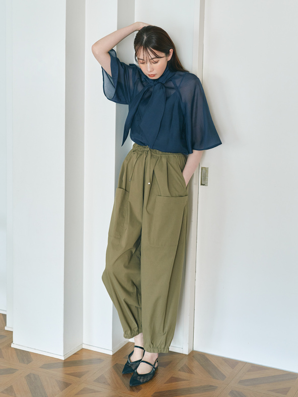 ハイストレッチリネンイージーパラシュートパンツ、ワイドメタル