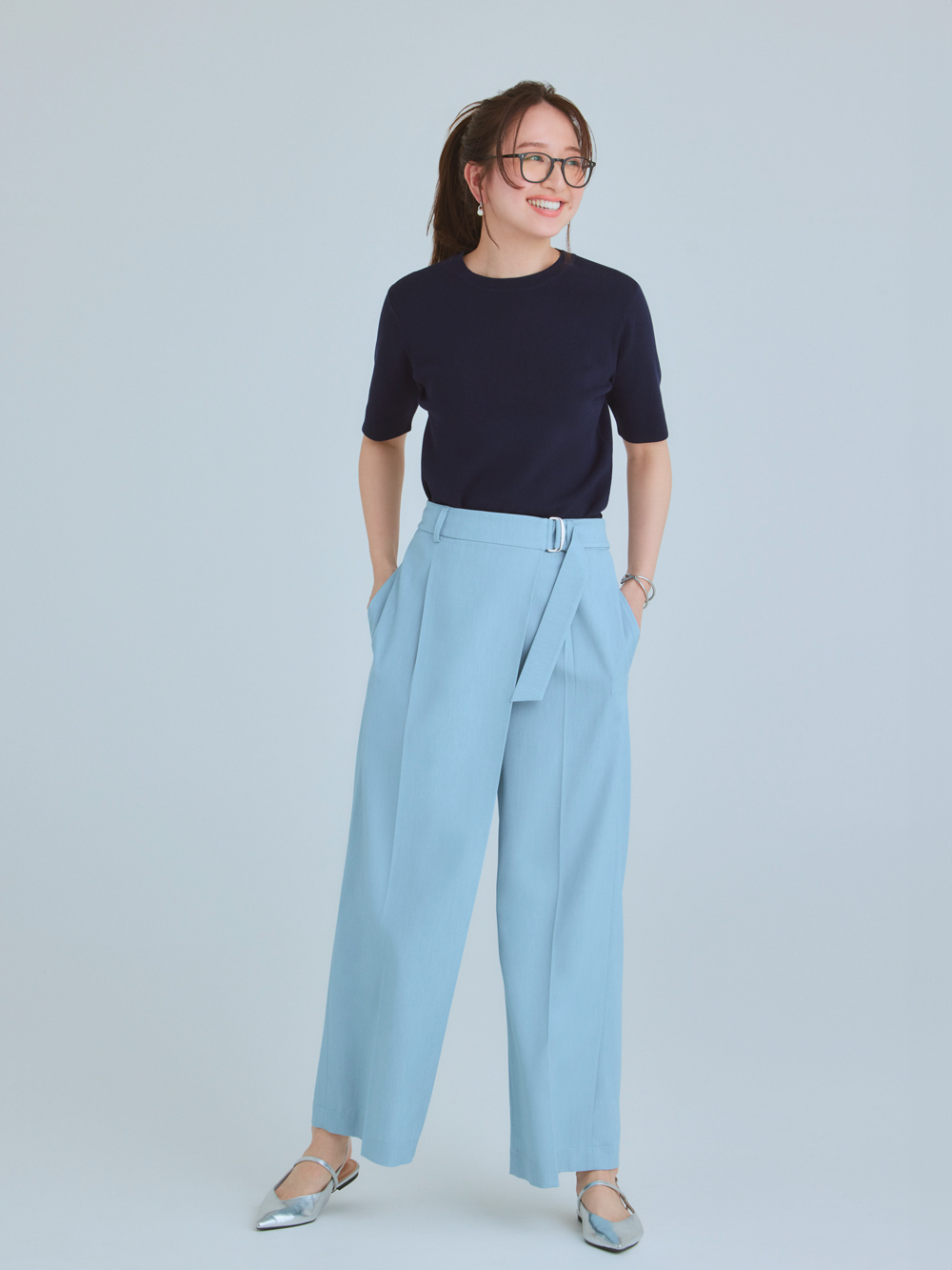コットンアセテートブレンドニットT、シャンブレーラップパンツ