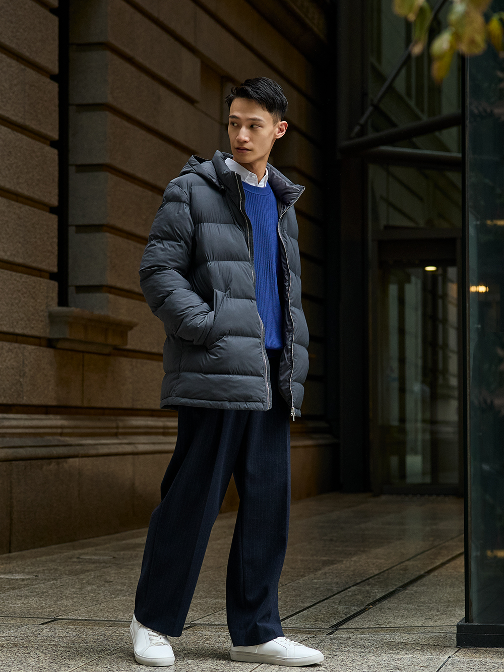 ストレッチノンキルトフーデットパデッドジャケット