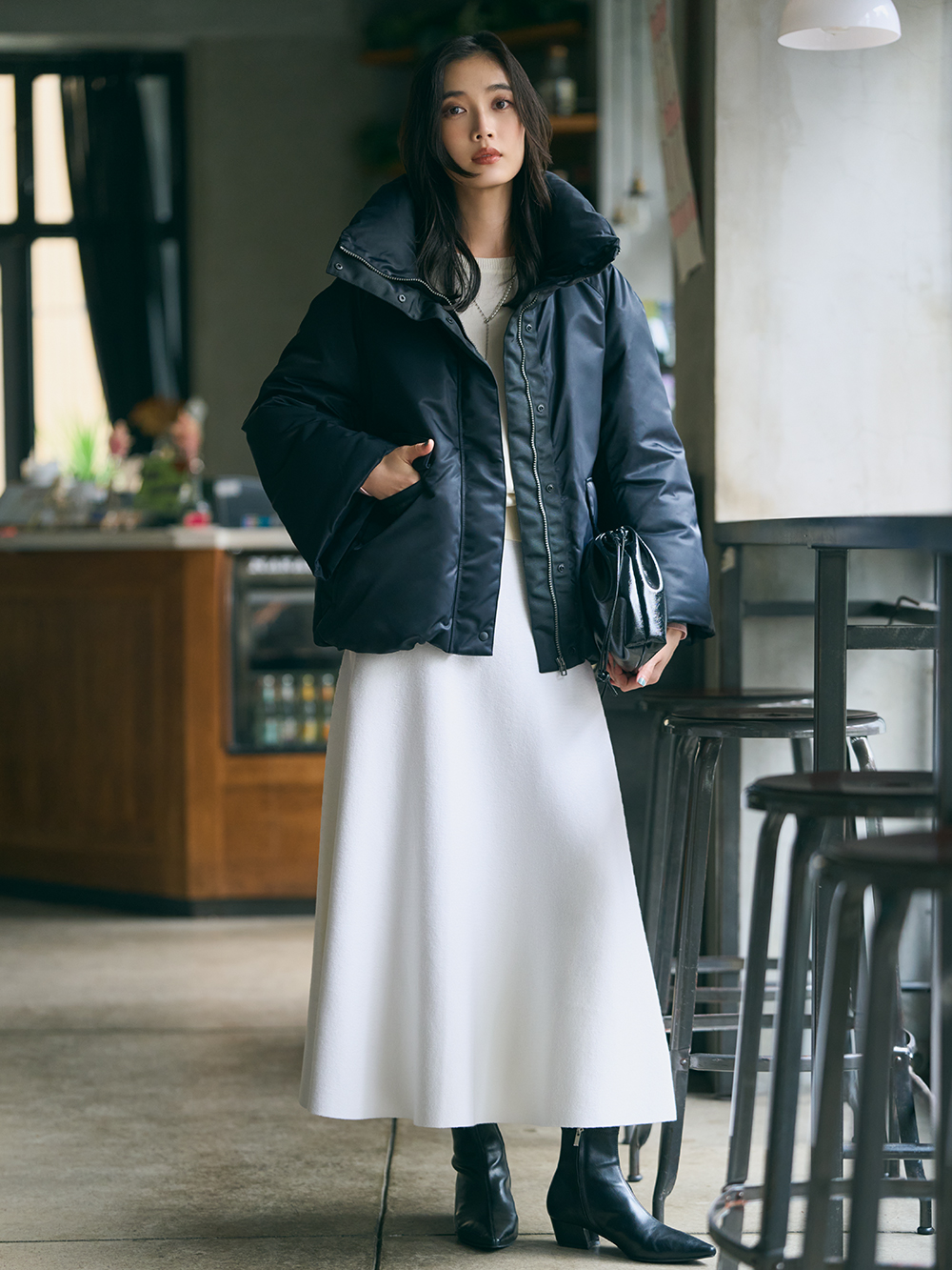 スタンドカラーパデッドブルゾン、ウールコットンブレンドフレア