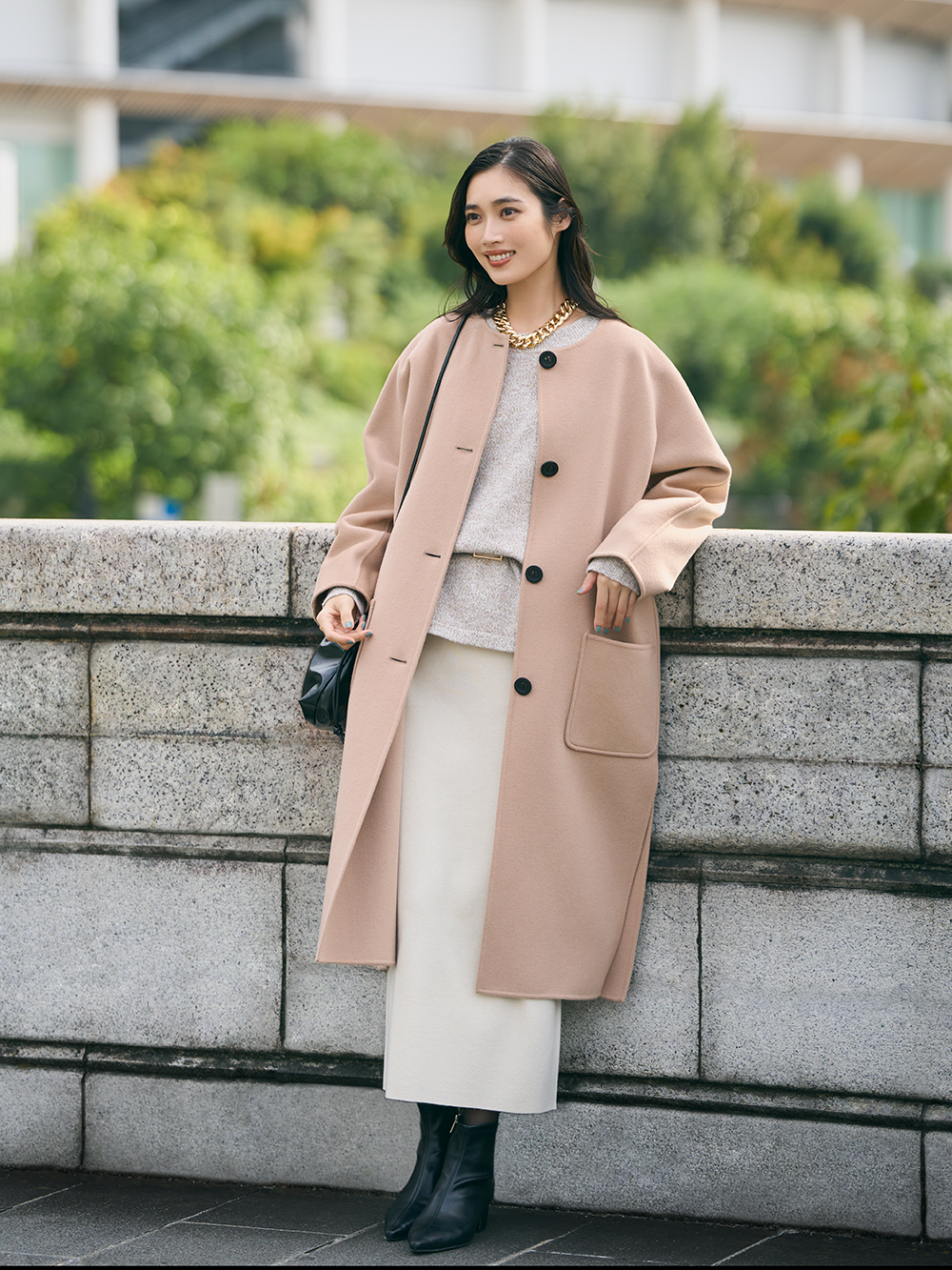 現行品完売！美品PLSTウールモッサ2WAYスタンドカラーコート ベージュ