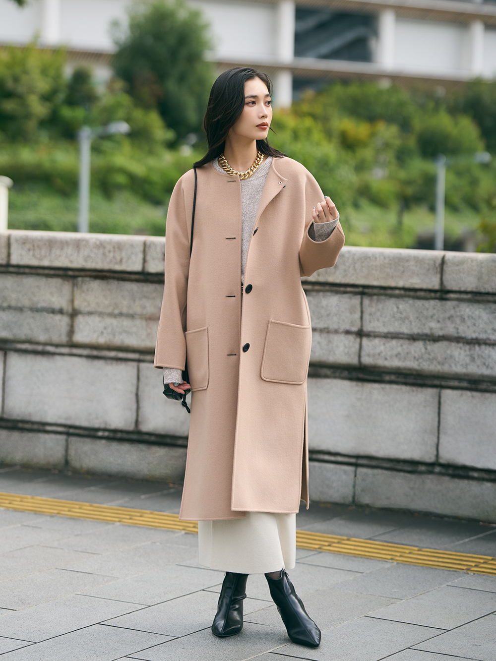 ウールブレンドリバーフーディーロングコート、ウールミックススムース