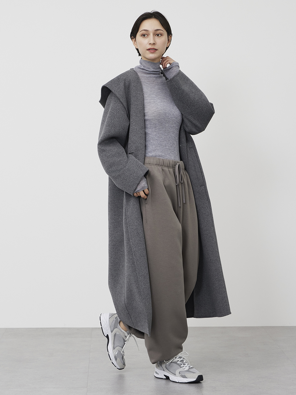 ウールブレンドリバーフーディーロングコート、ウールミックススムース