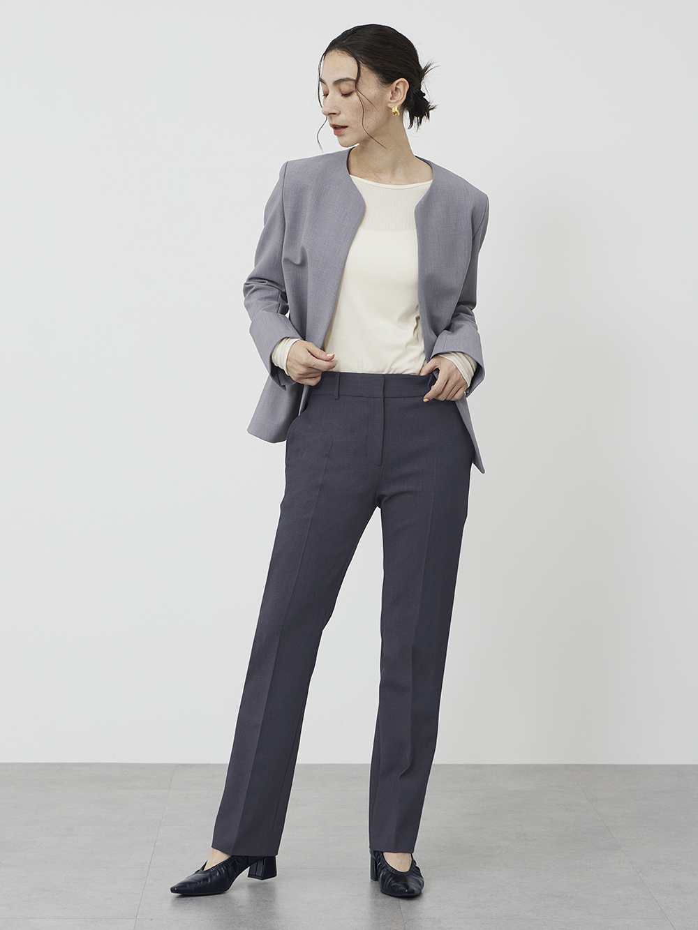 ウォームリザーブカラーレスジャケット、【丈長め】スティックパンツ