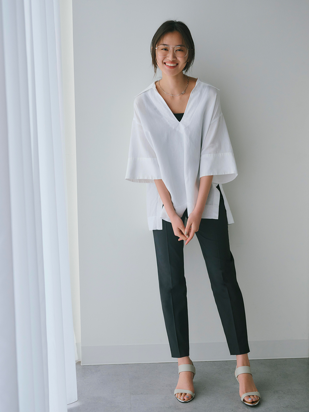 リネンブレンドスティックパンツ