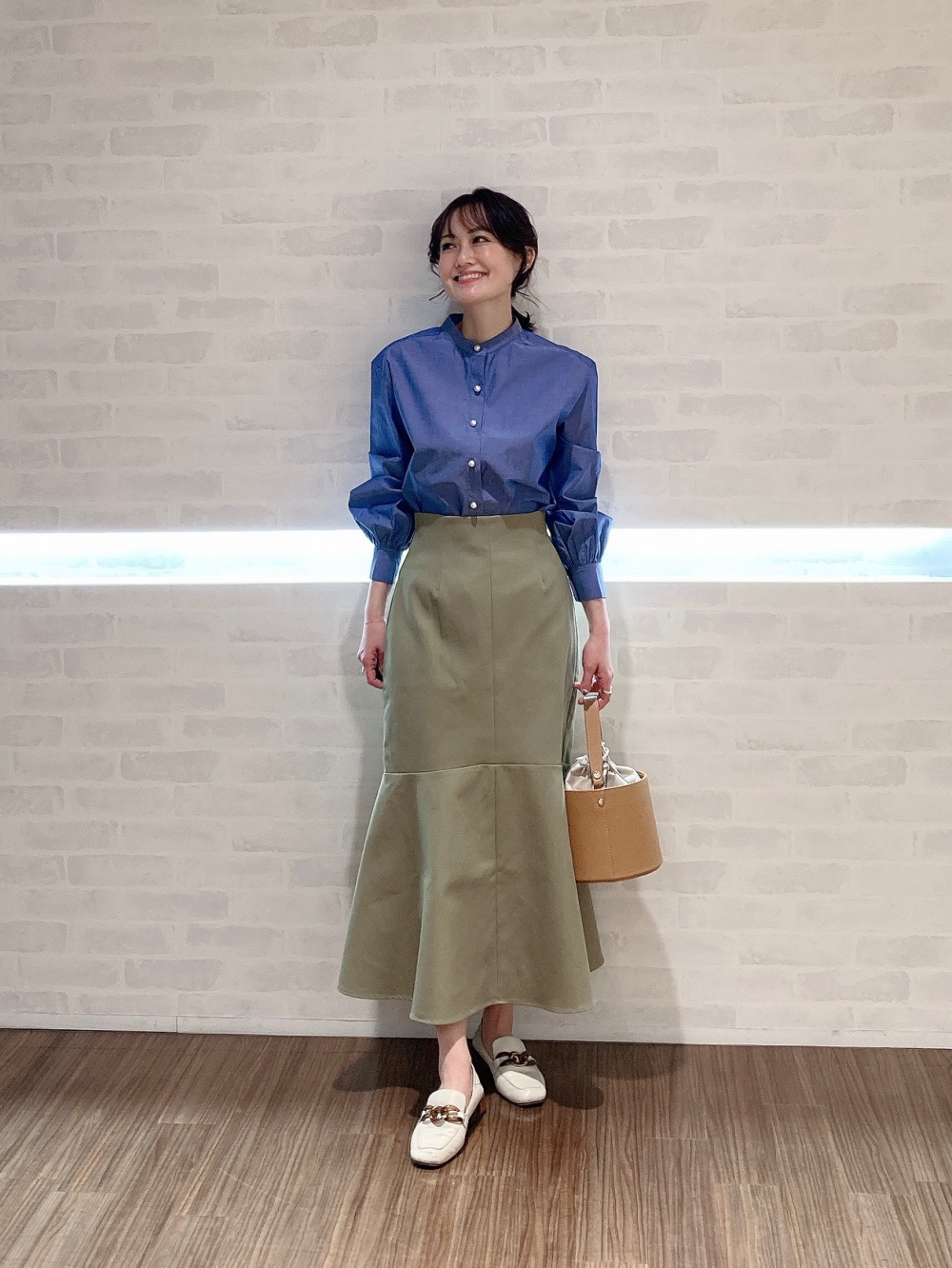 バンドカラーパールボタンシャツ（長袖）、PLUS STYLE