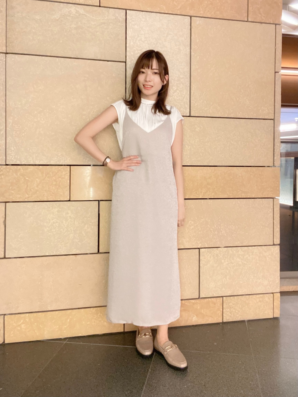 ツイルパールボタンブラウス、リネンブレンドシャツスカート