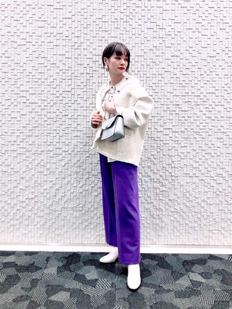 ツイードノーカラージャケット（ラメ糸入り）」の着用コーディネート