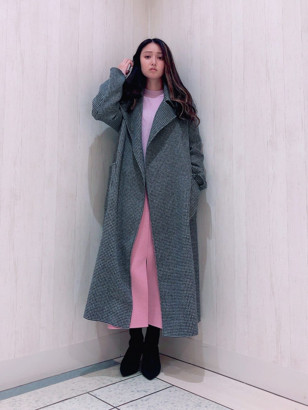 ウールブレンドリバーロングコート、エクストラファインメリノウール