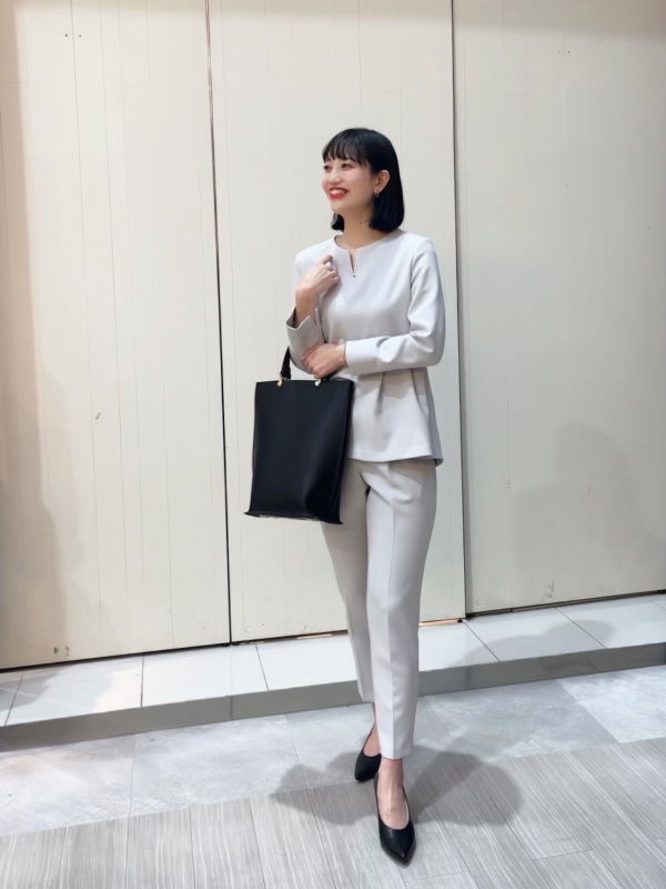 PLST フェイクパールブラウスパンツセットアップ長袖 パンツスーツ上下