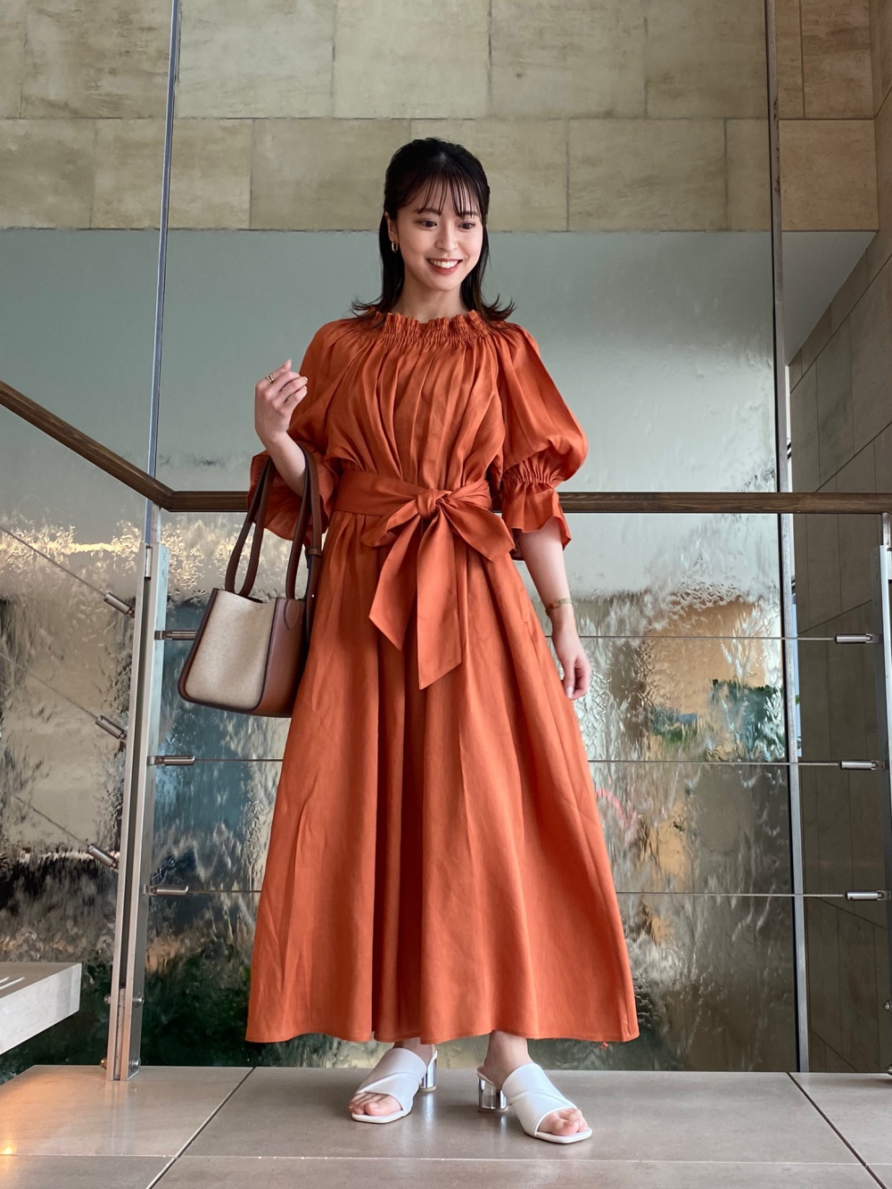 リネンブレンドマルチウェイワンピース（5分袖）、キャンバスコンビ