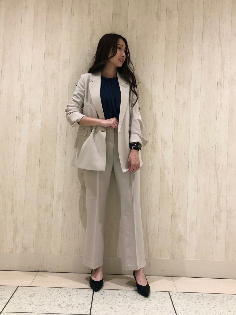 2WAYライトストレッチダブルジャケット、ピーチサテンギャザーブラウス