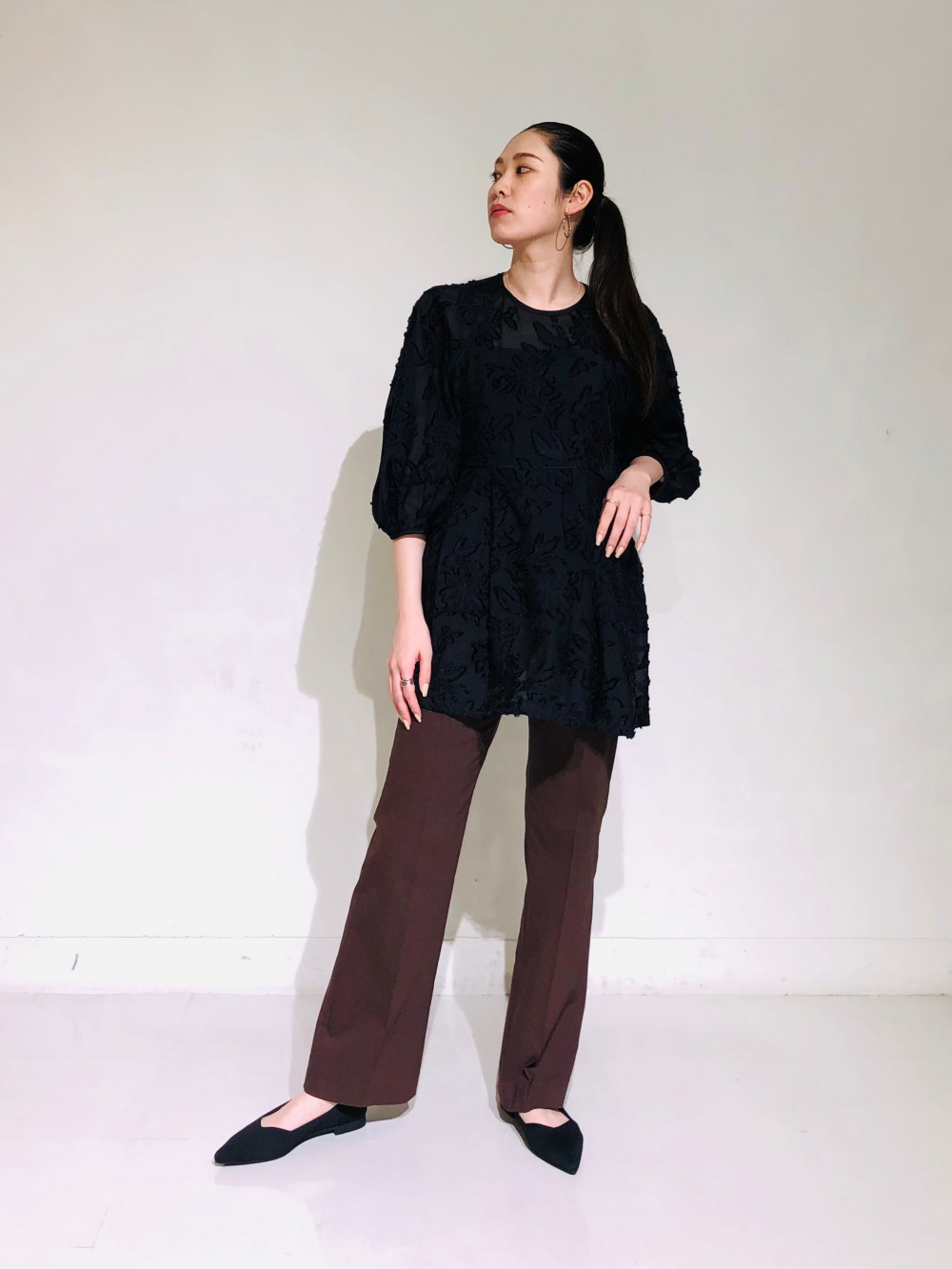 カットジャカードペプラムブラウス（7分袖）、PLUS STYLE