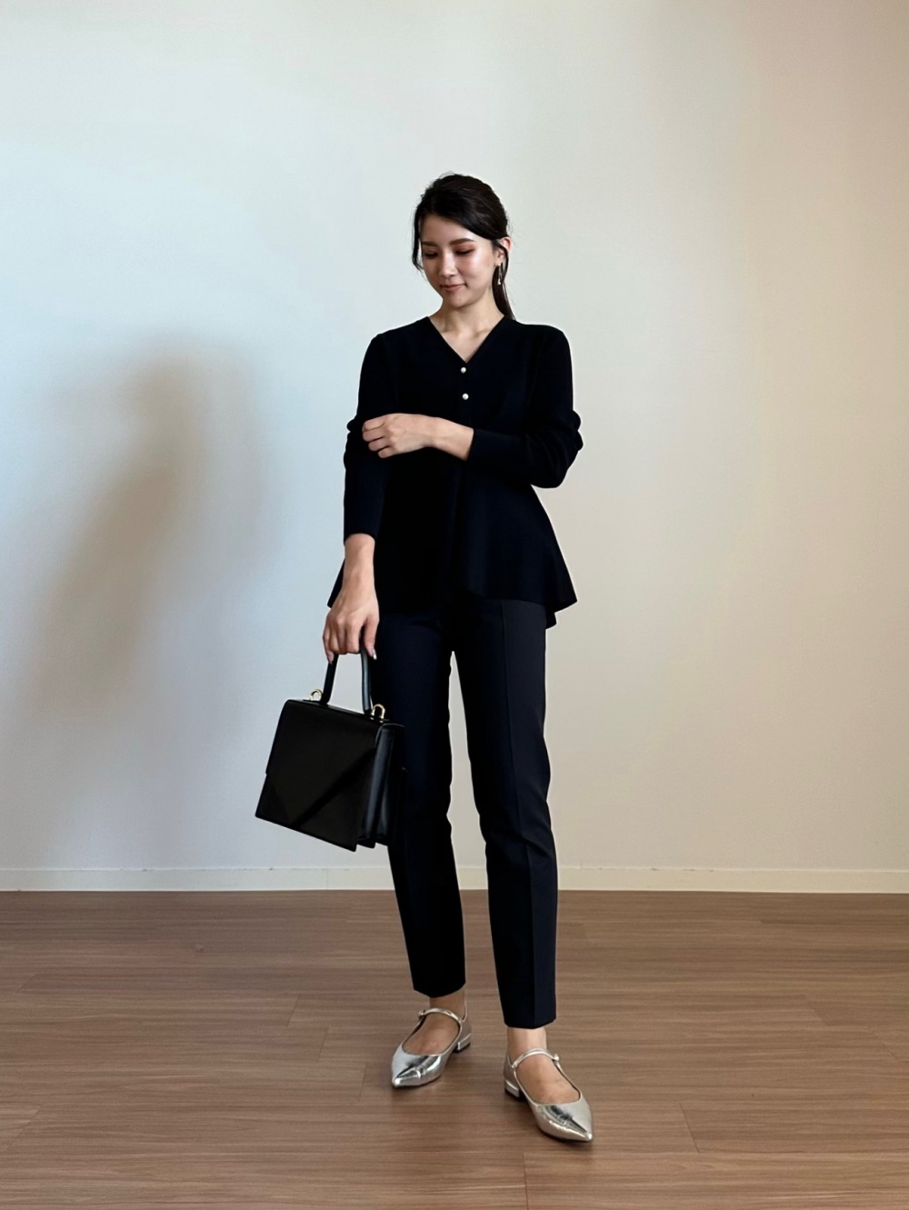 PLST ネイビー ペプラム トップス Mサイズ カットジャカードペプラムブラウス（7分袖）、PLUS STYLE