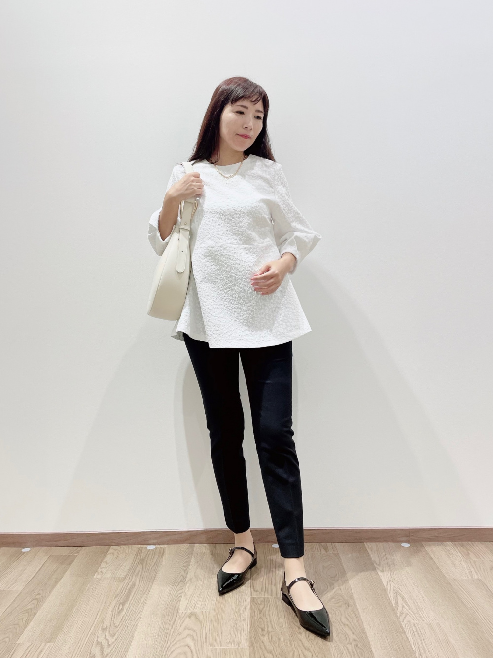 カットジャカードペプラムブラウス（7分袖）、PLUS STYLE