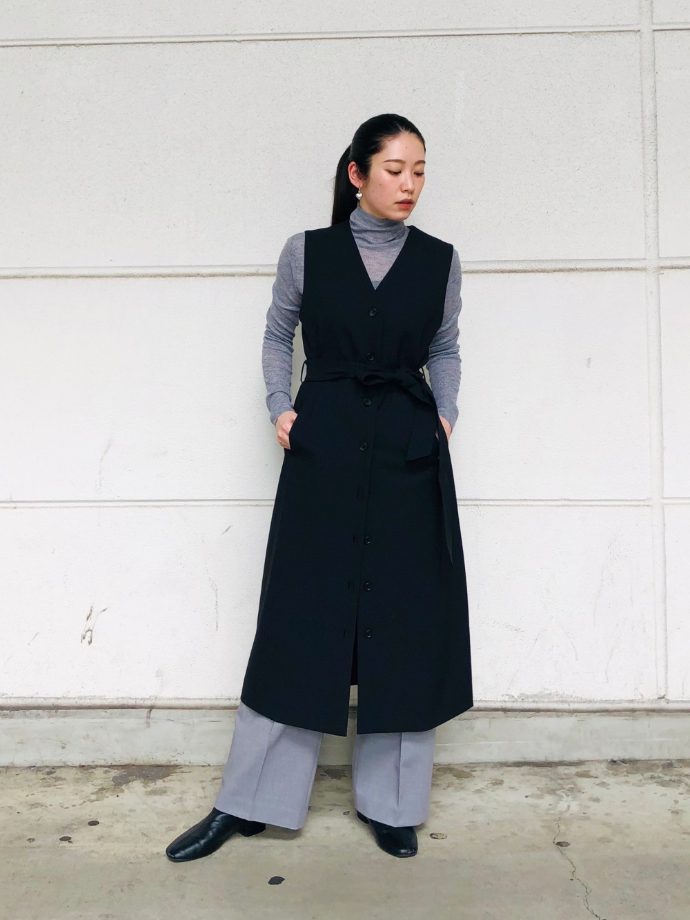 ブラッシュドバック2WAYロングジレ、ハイネックギャザーワンピース