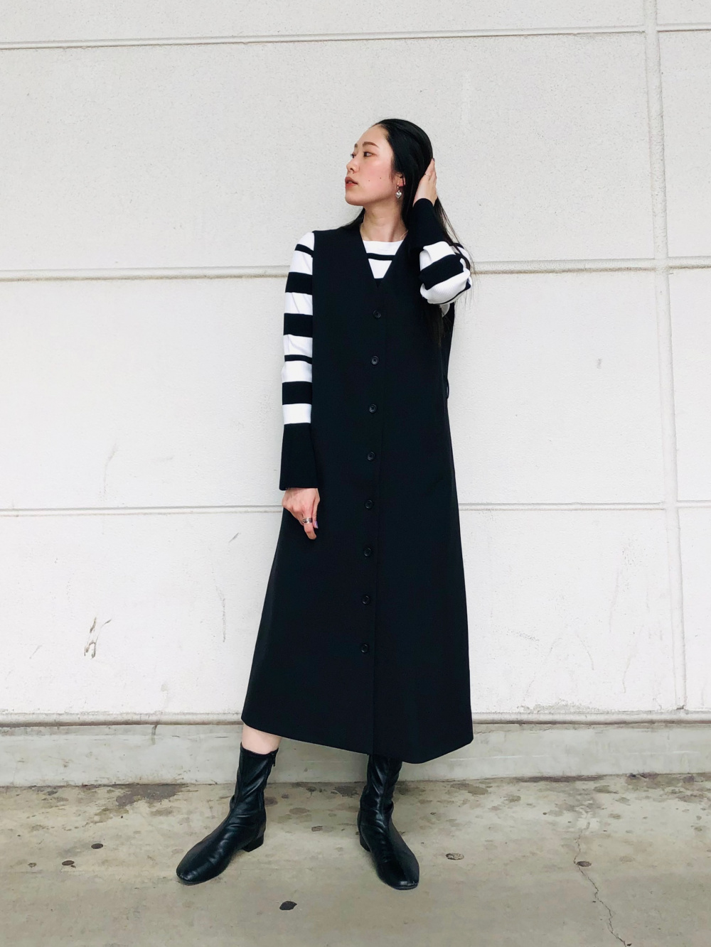 ブラッシュドバック2WAYロングジレ、レーヨンブレンドベルスリーブ