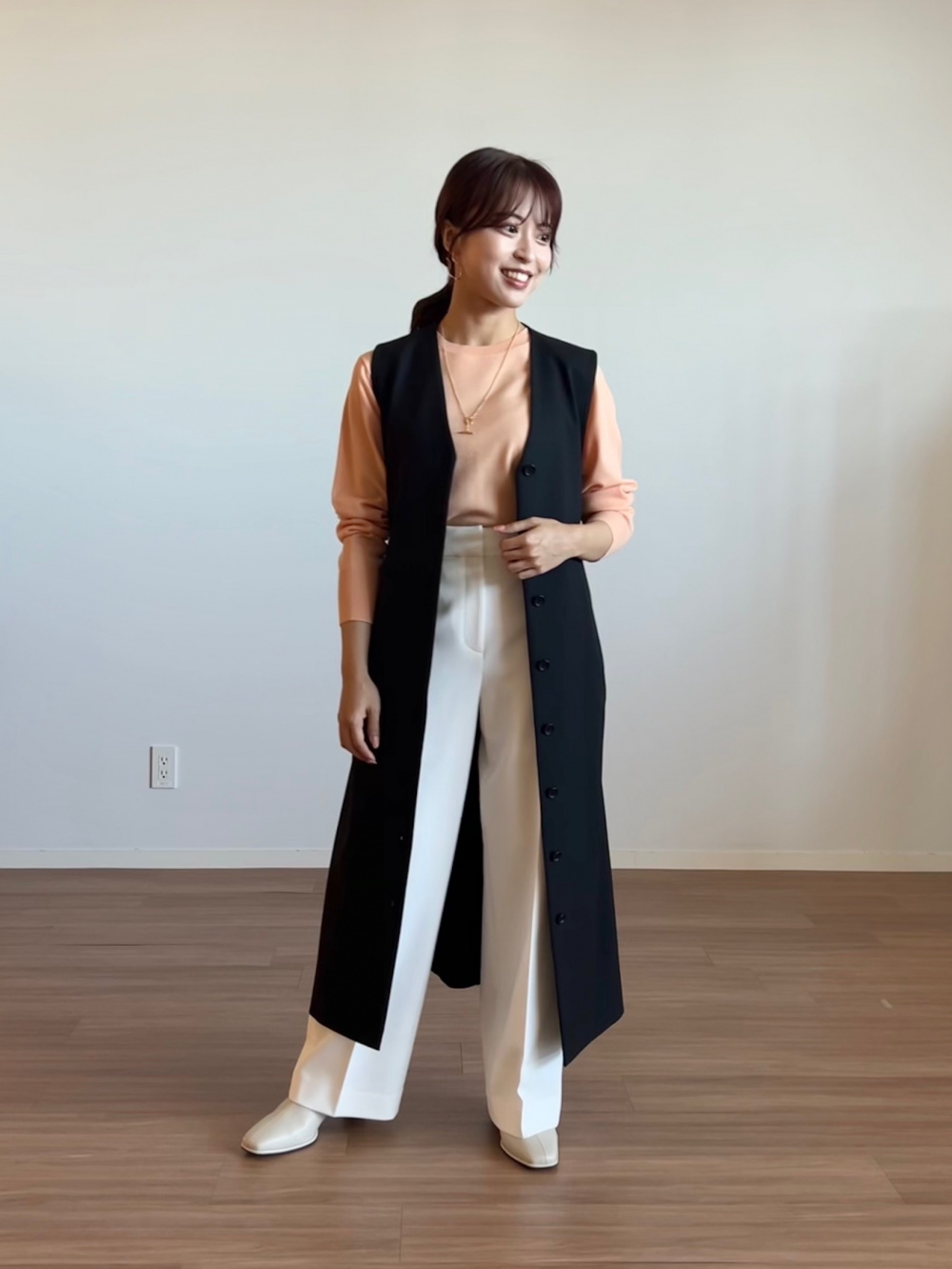 ブラッシュドバック2WAYロングジレ、PLUS STYLE ワイドパンツ（ウール