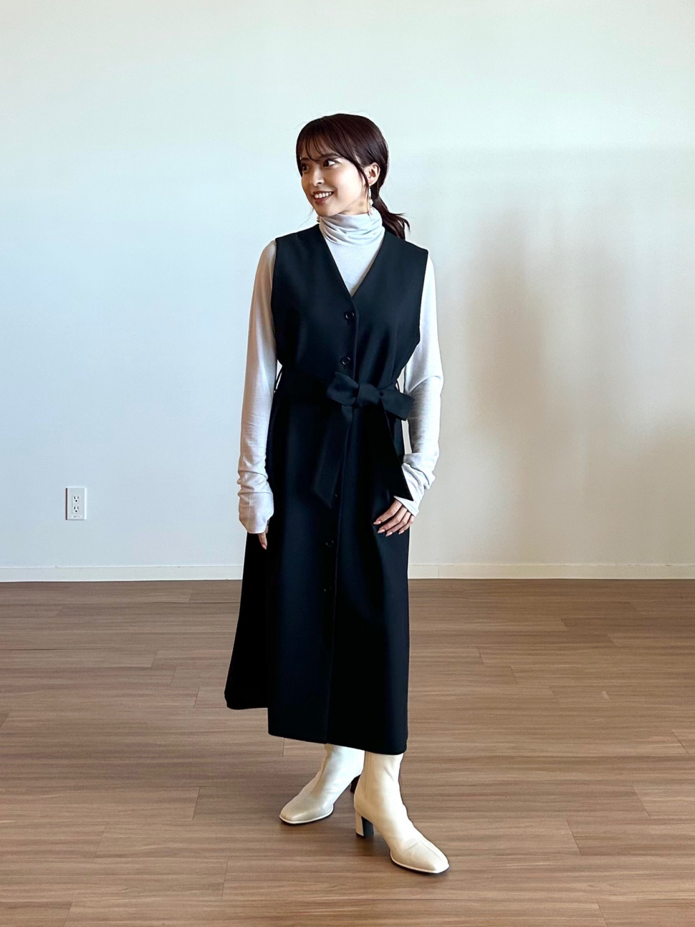 ブラッシュドバック2WAYロングジレ、レーヨンブレンドベルスリーブ