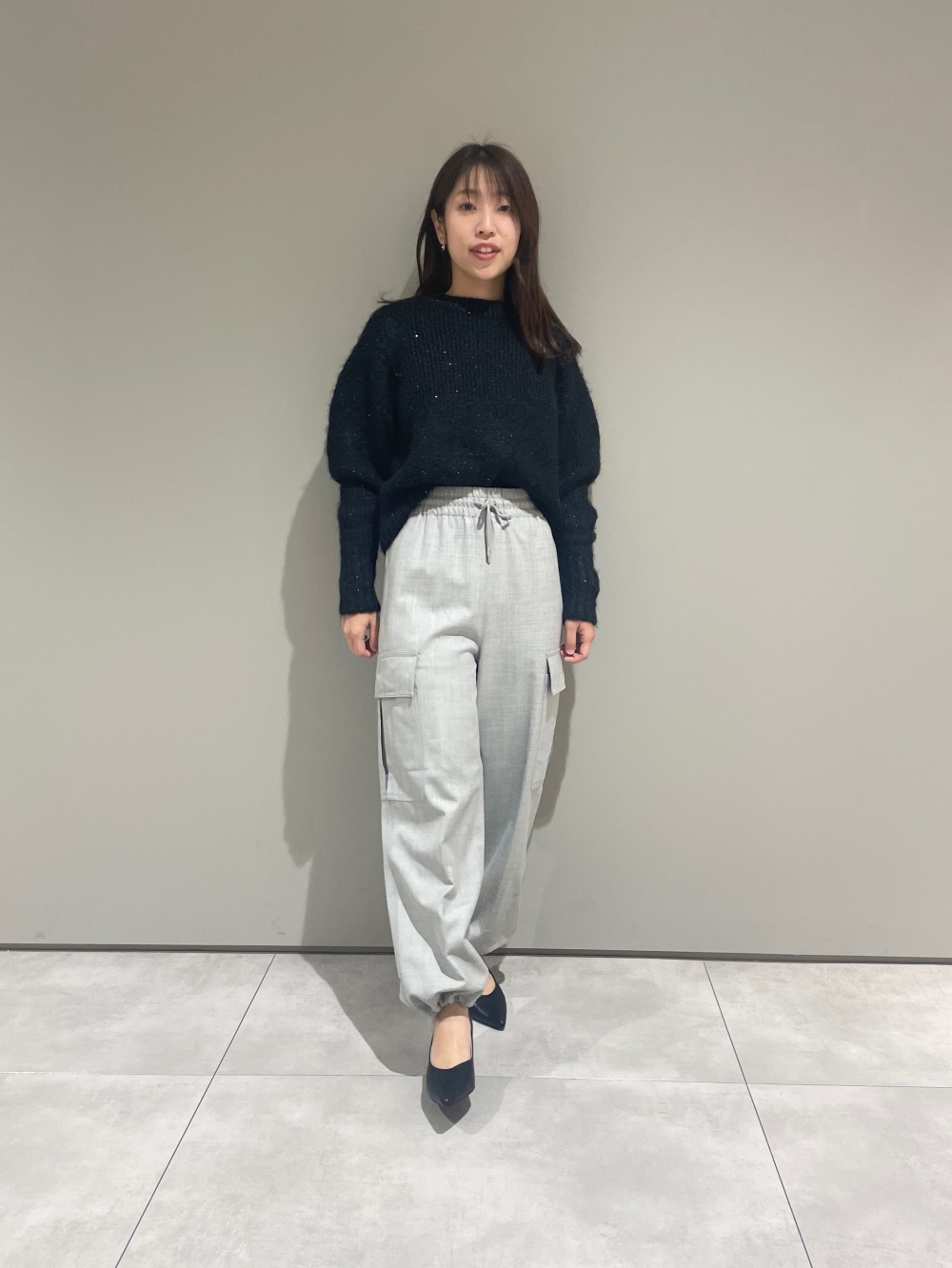 ウールブレンドパラシュートカーゴパンツ、スパンコールバック